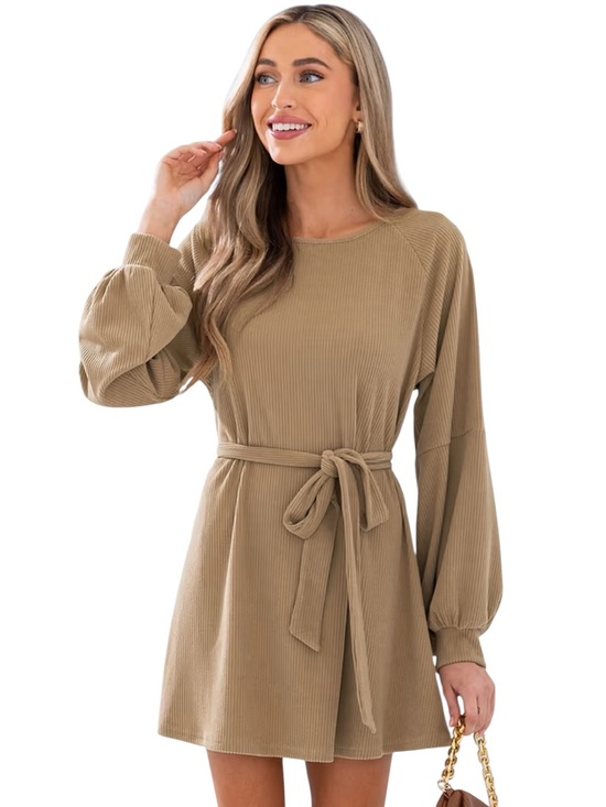 Cupshe Dresses & Skirts - Cupshe Ribbed Tie-Waist Long Sleeve Mini Dress in Tan